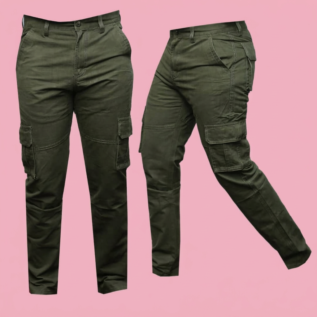 Army green tactical cargo pants on a soft pink background