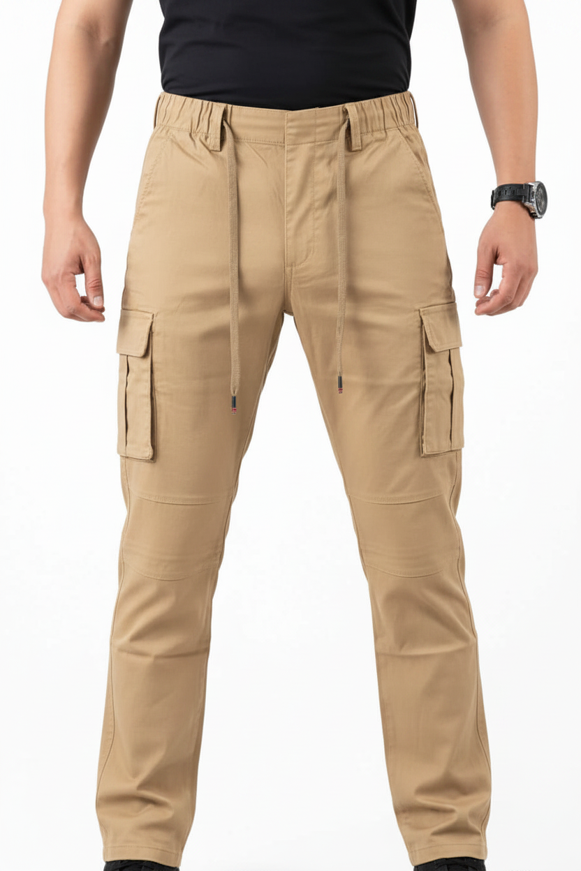 Khaki Beige Tactical Cargo Pants - On Model