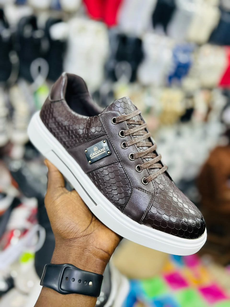 Original photo of brown scale-texture lace-up sneaker