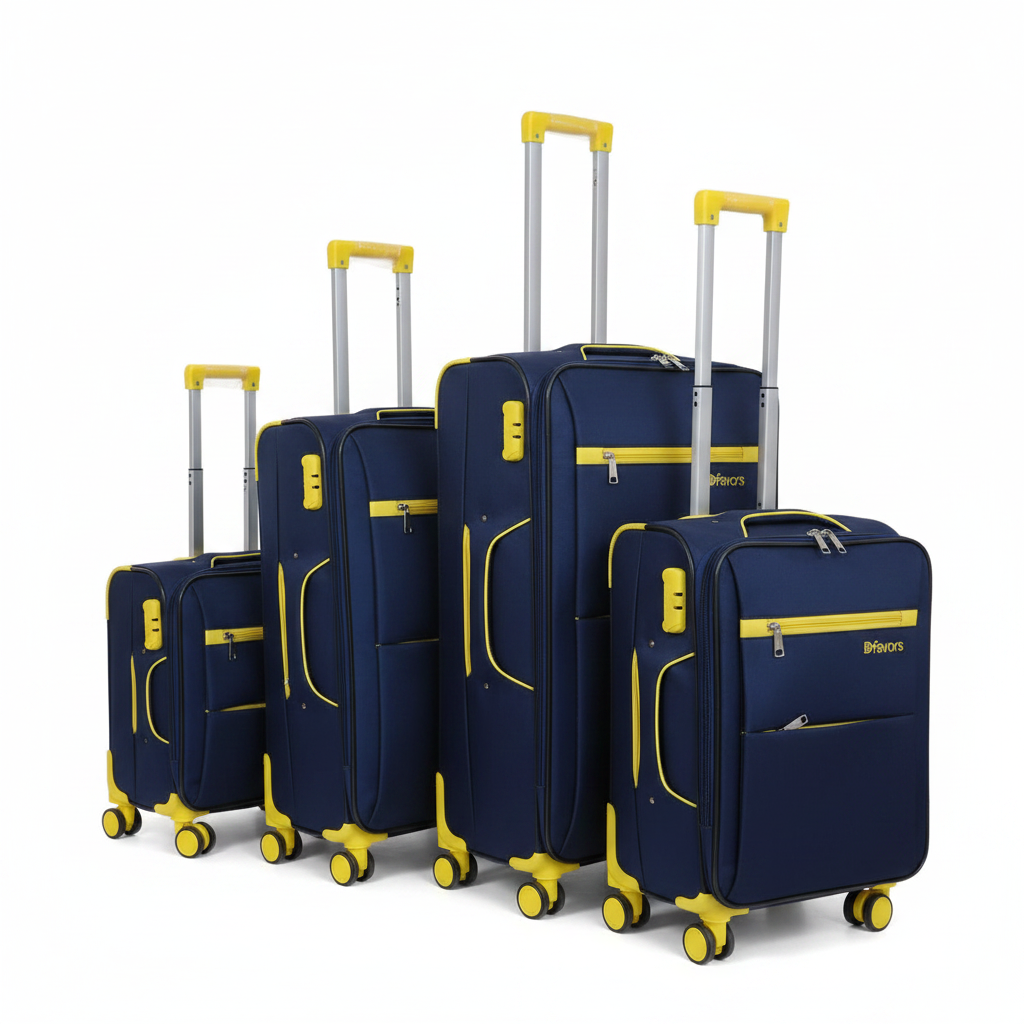Dfavors Set of 4 Navy Blue and Yellow Fabric Trolley Suitcases