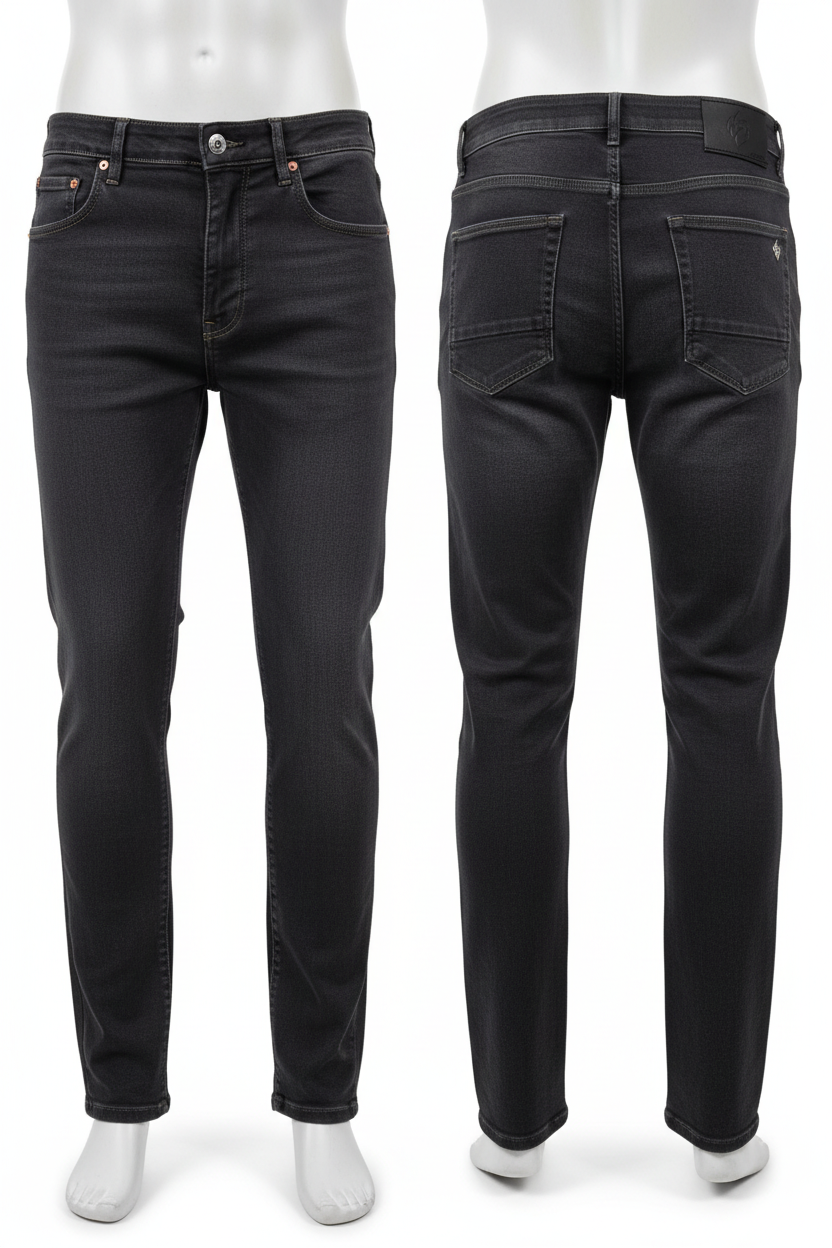 Men's charcoal grey denim jeans full body white background
