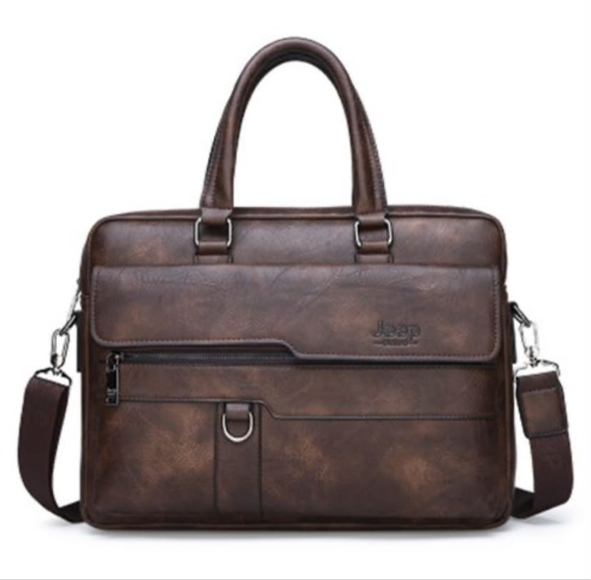 Original photo of brown Jeep briefcase with shoulder strap