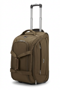 Brown wheeled travel bag with extended telescopic handle on white background