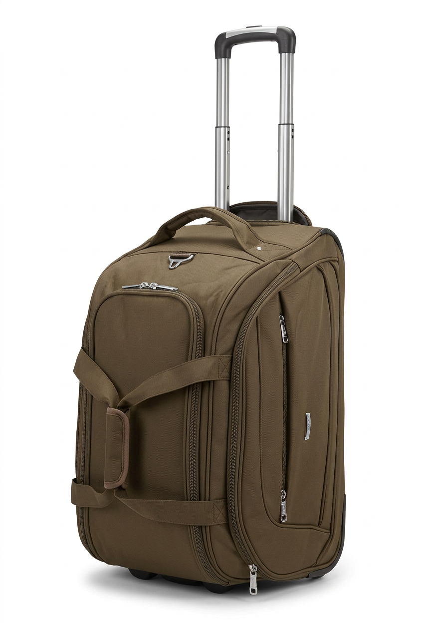 Brown wheeled travel bag with extended telescopic handle on white background