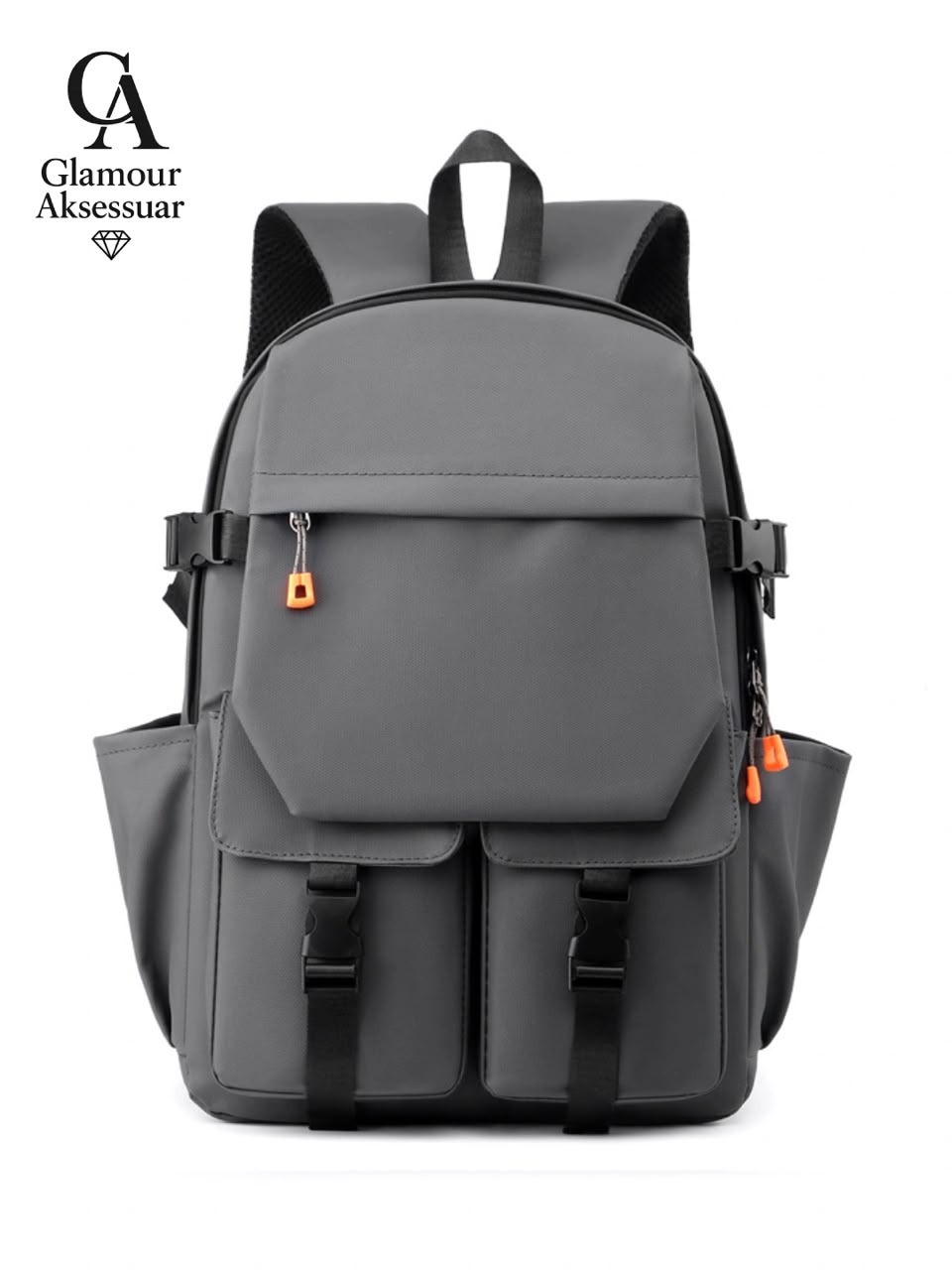 Original photo of grey dual buckle-pocket backpack with orange zipper pulls