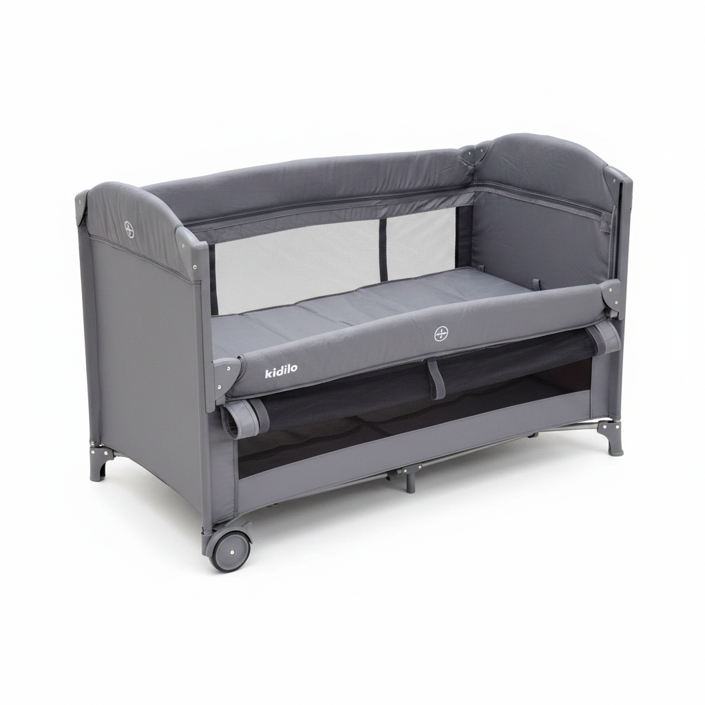 Kidilo Baby Travel Cot grey on white background