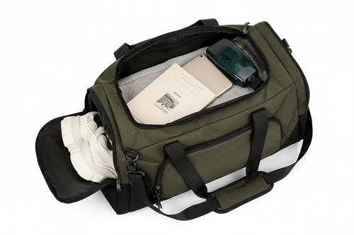 Army Green & Black Duffel Travel Bag - Open Interior View
