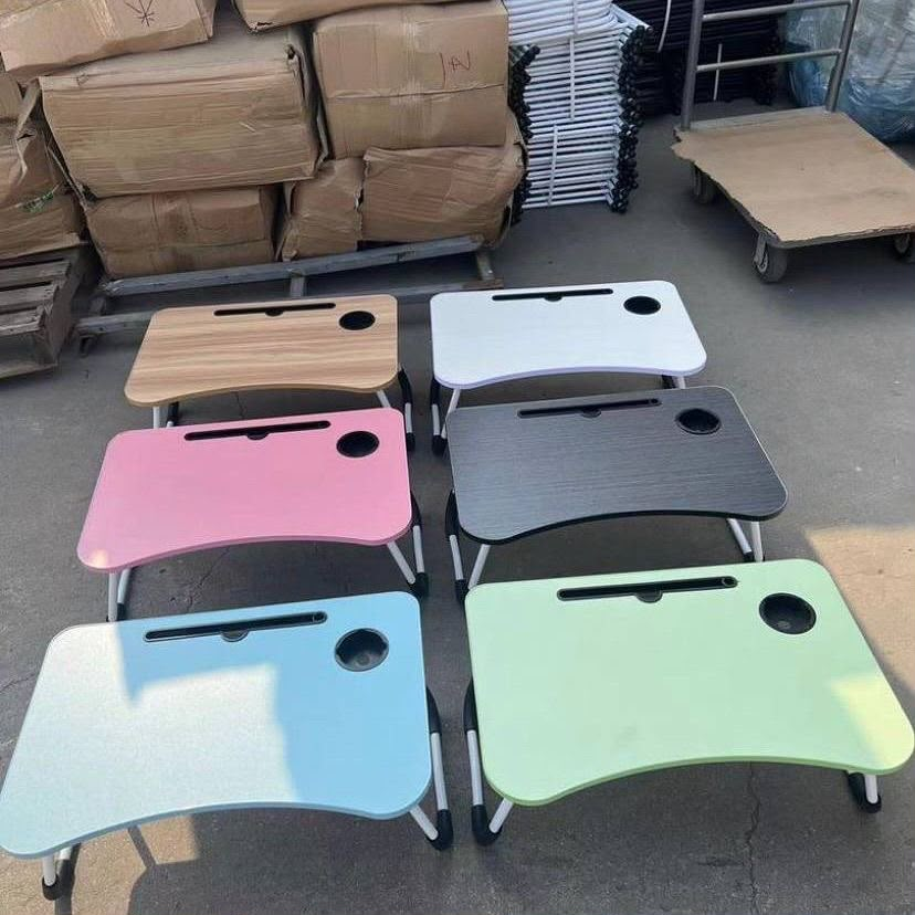 Six folding laptop tables in wood-look, white, black, pink, blue and green