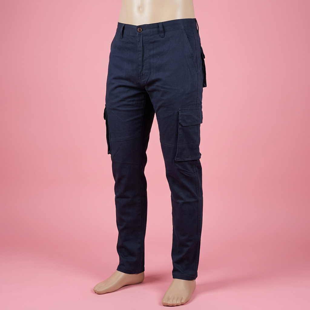 Navy blue cargo pants on a mannequin against a soft pink background