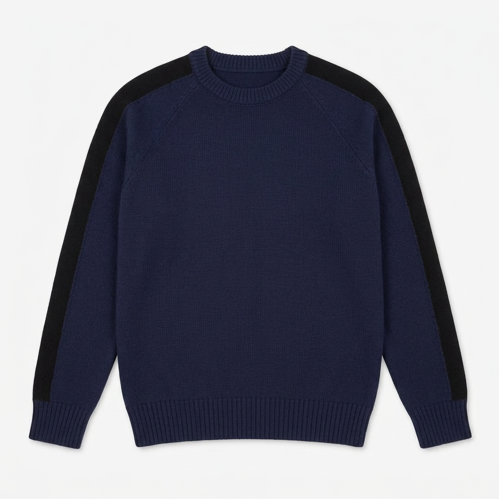 Navy crew-neck knit sweater on white background