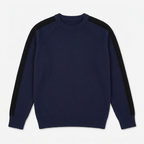 Navy crew-neck knit sweater on white background