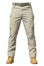 Men's light khaki tactical cargo pants - white background studio shot