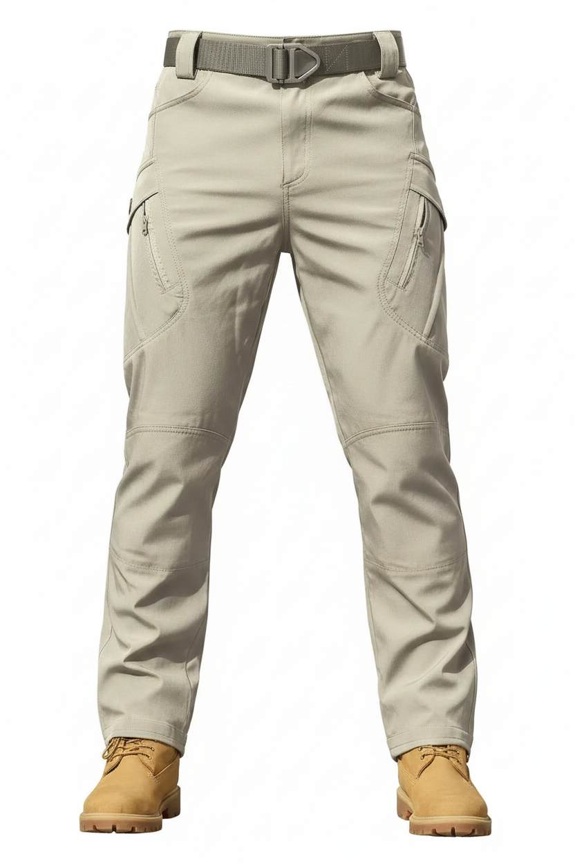 Men's light khaki tactical cargo pants - white background studio shot