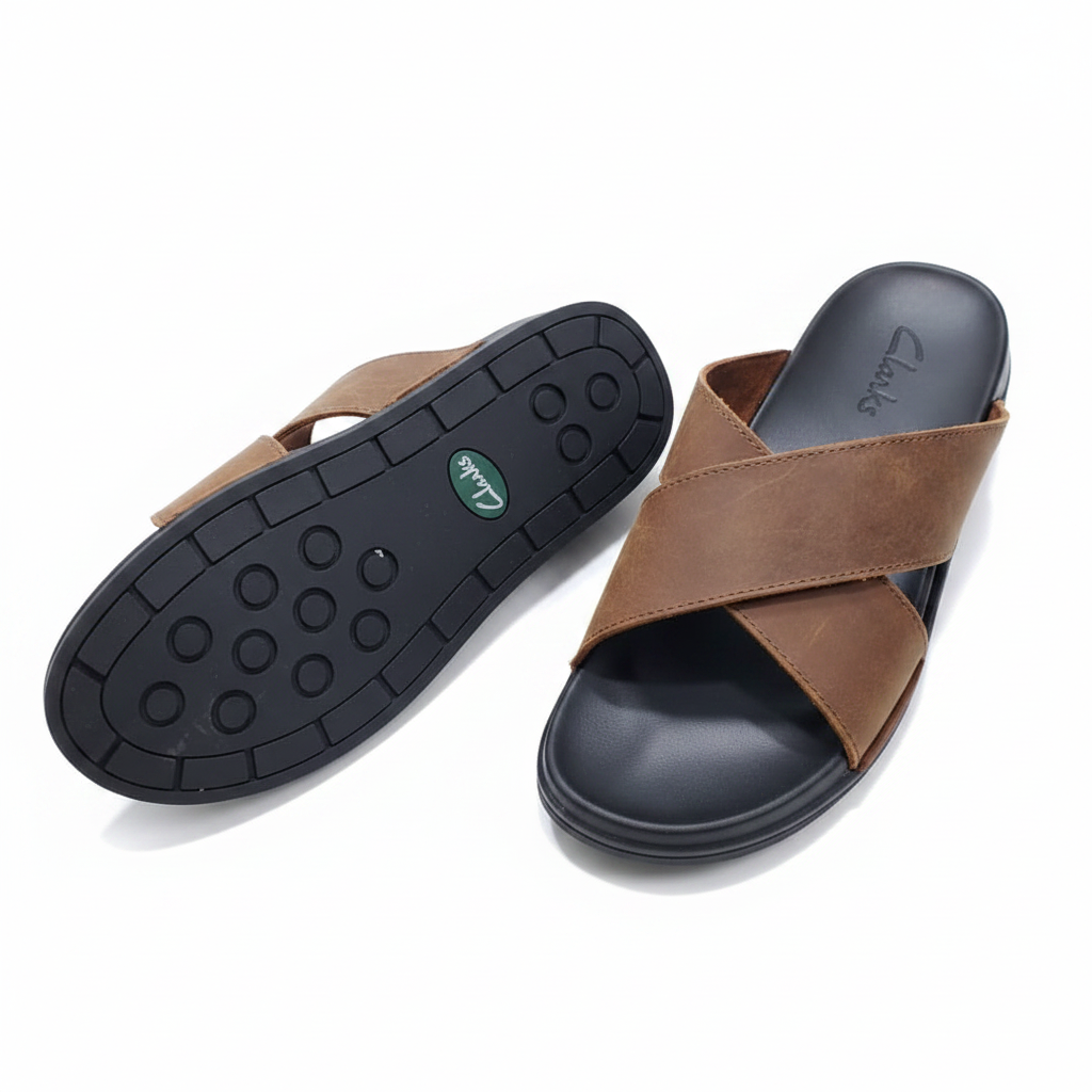 Clarks Cross-Strap Leather Slides Tan Brown - White Background