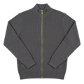 Grey textured zip-up knit sweater on white background