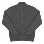 Grey textured zip-up knit sweater on white background