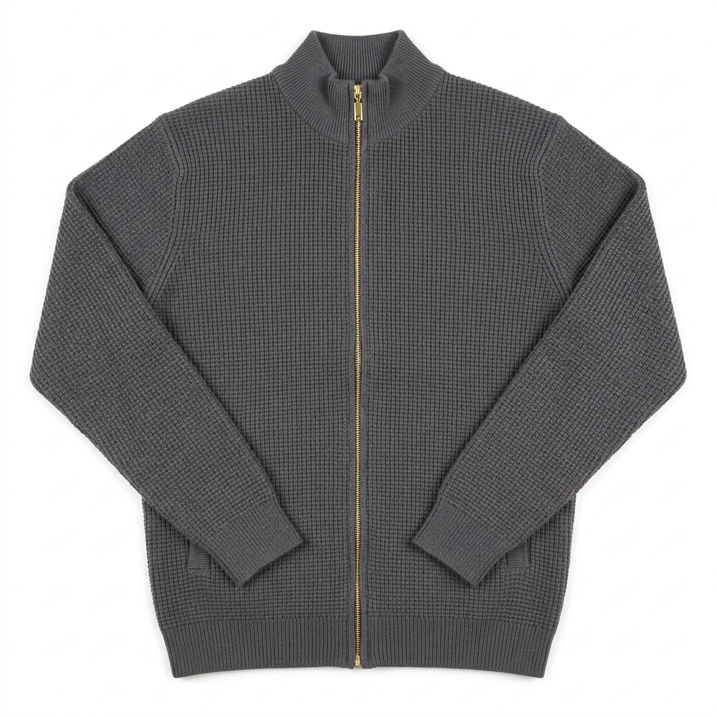 Grey textured zip-up knit sweater on white background