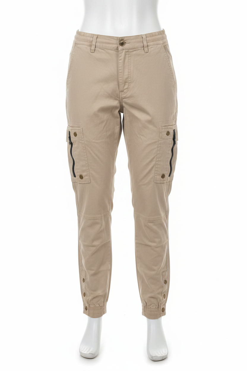Men's sand cargo pants on mannequin - white background