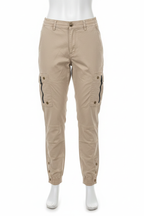 Men's sand cargo pants on mannequin - white background