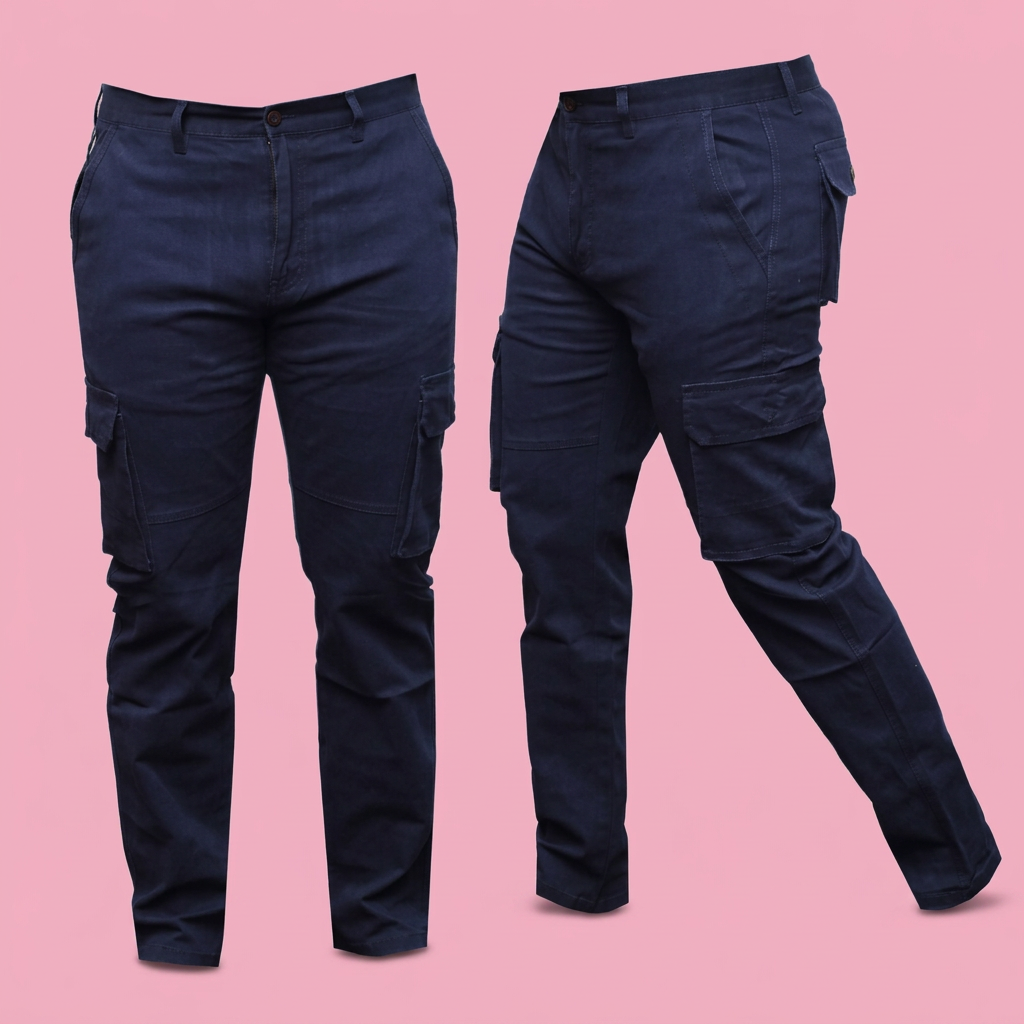 Navy blue tactical cargo pants on a soft pink background