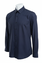 Men's navy pinstripe long sleeve button shirt - ghost mannequin white background