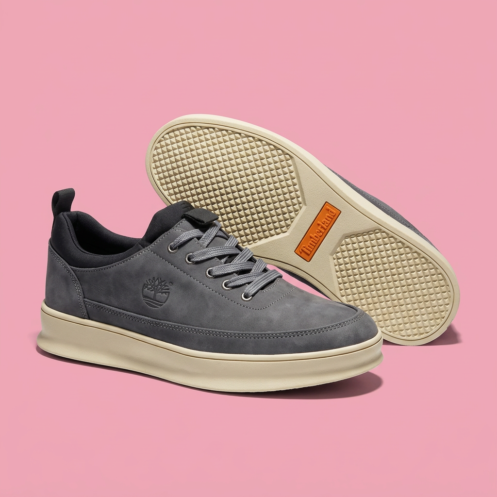 Grey lace-up sneakers with cream soles on soft pink background
