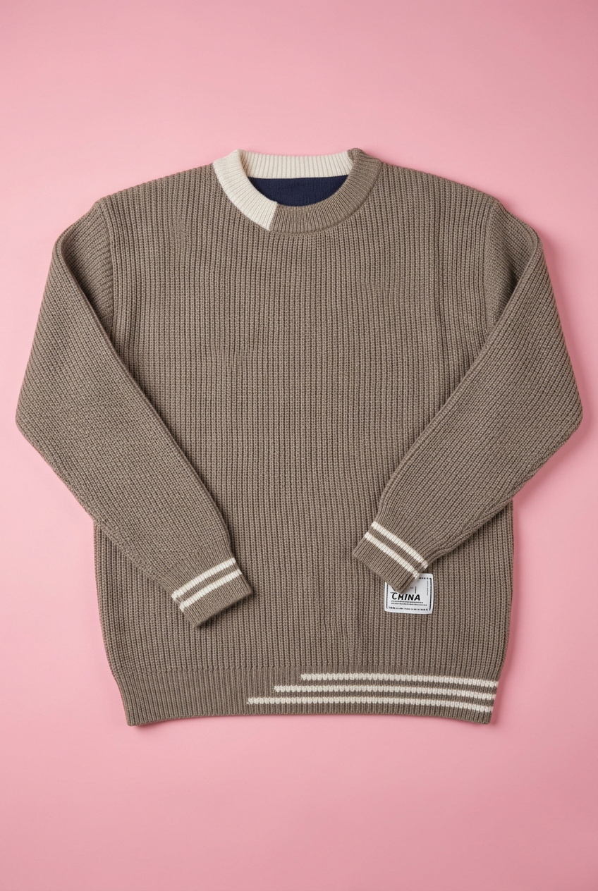 Taupe textured knit sweater with white stripe trim on a soft pink background