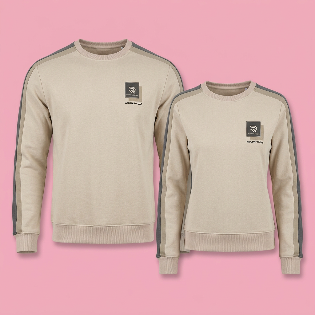 Matching beige and grey stripe sweatshirt pair on soft pink background