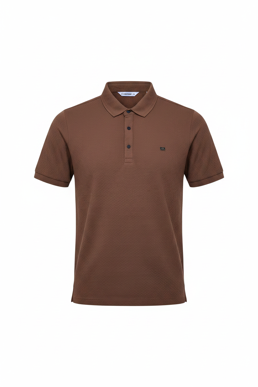 Everyday full length brown polo shirt white background