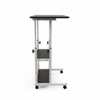 Adjustable dark laptop desk with wheels - side view white background