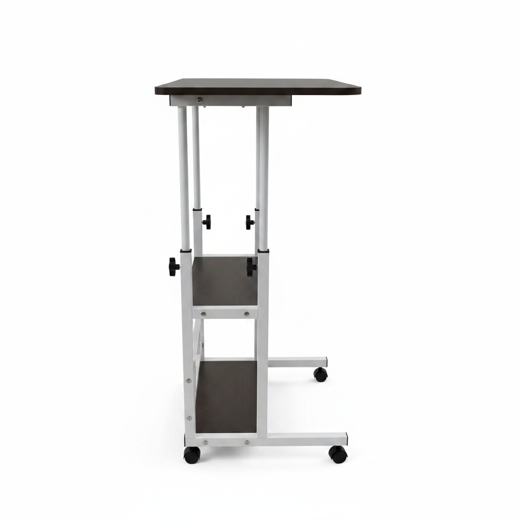 Adjustable dark laptop desk with wheels - side view white background