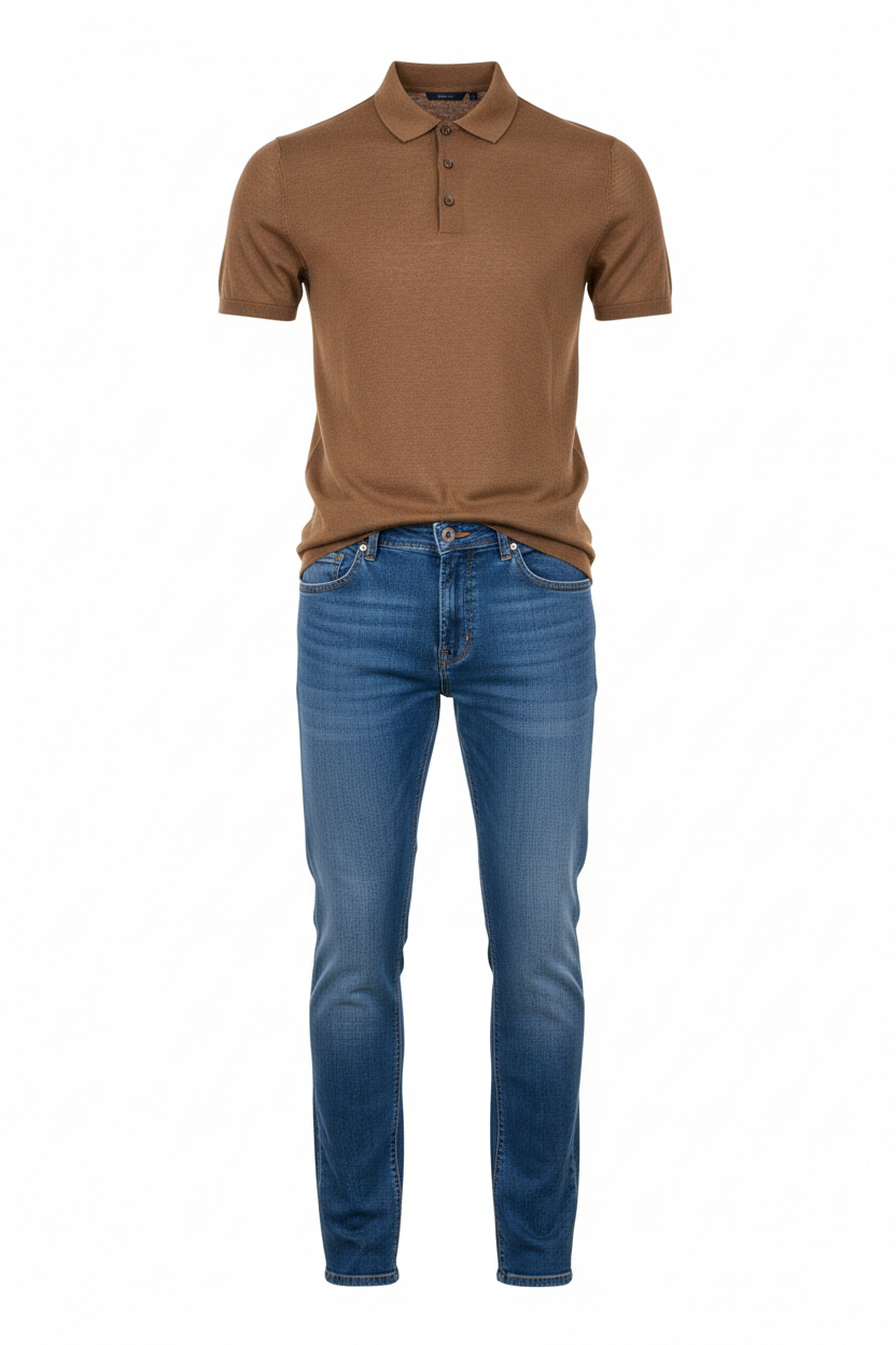 Brown shirt and royal blue jeans outfit combo