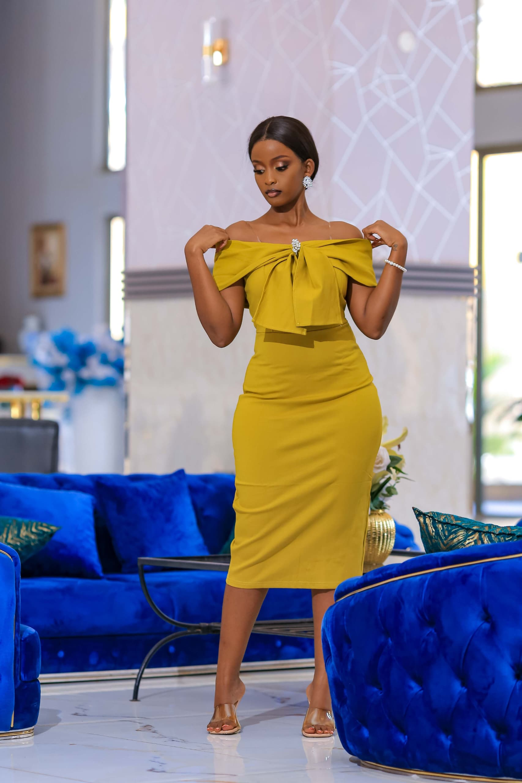 Mustard Yellow Off-Shoulder Bow-Front Bodycon Midi Dress - Original