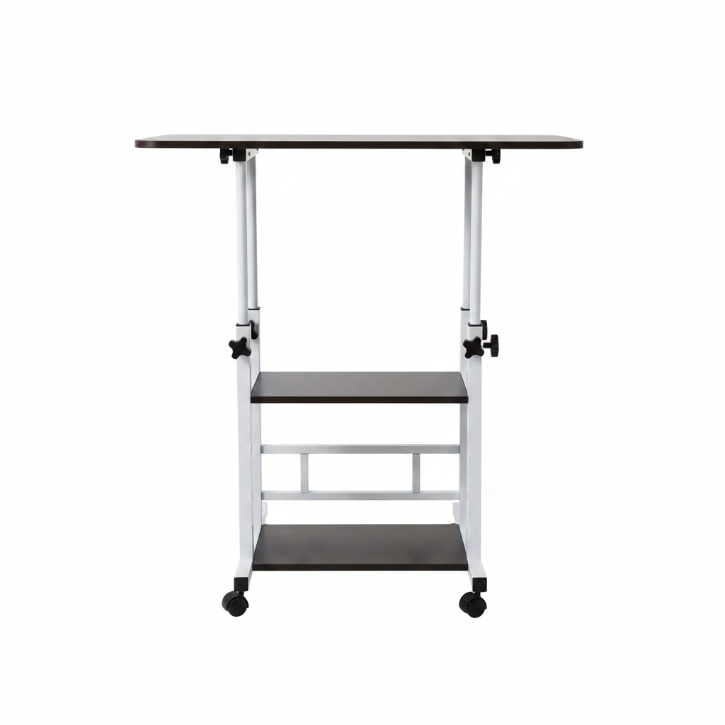 Adjustable dark laptop desk with wheels - front view white background