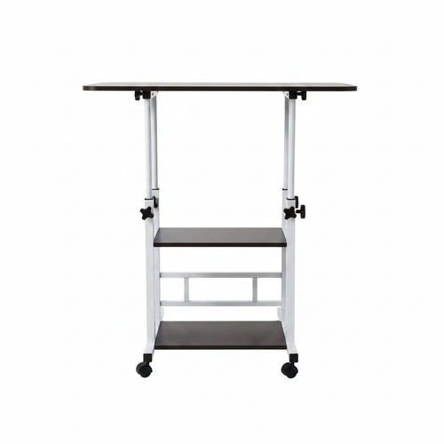 Adjustable dark laptop desk with wheels - front view white background