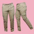 Khaki tactical cargo pants on a soft pink background