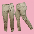 Khaki tactical cargo pants on a soft pink background
