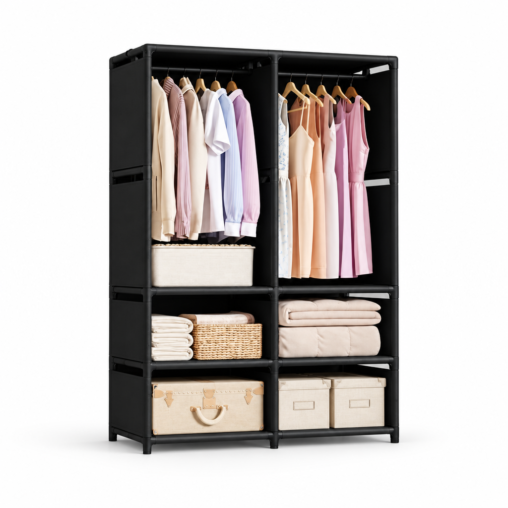 Black double-section open wardrobe with lower storage shelves on a white background