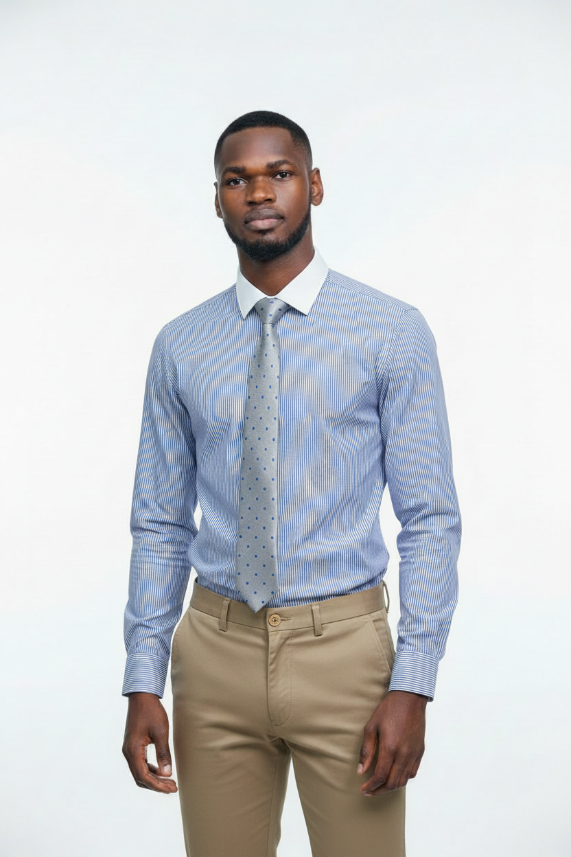 Lifestyle - young African man wearing Verso Ceremony blue striped shirt, silver herringbone tie and khaki pants