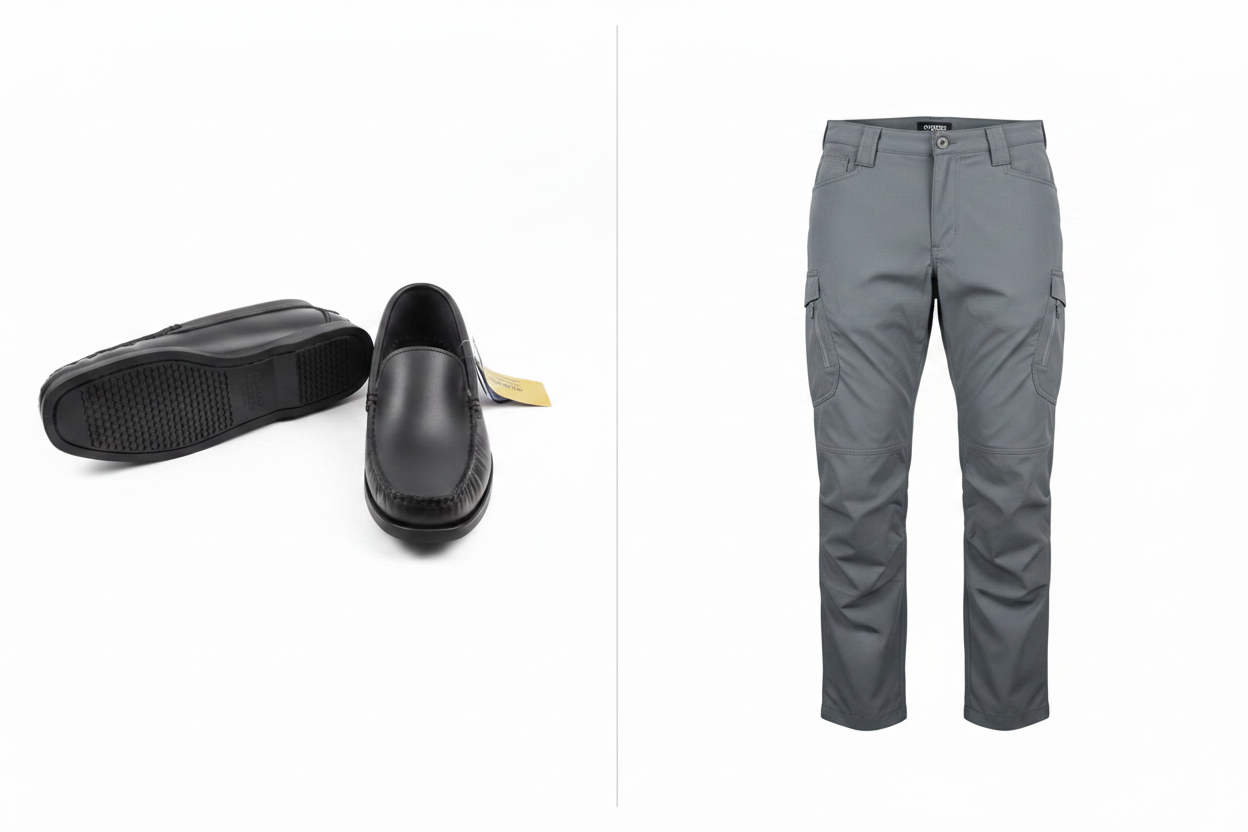 Black Sebago Loafers and Grey Cargo Pants combo — front view side by side