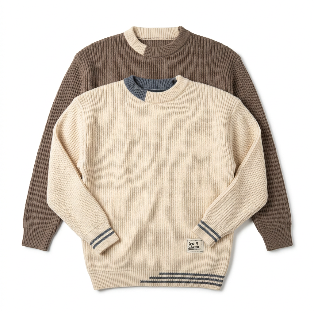 Cream and taupe textured crew-neck knit sweaters on white
