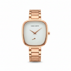 Hannah Martin rose gold watch on white background