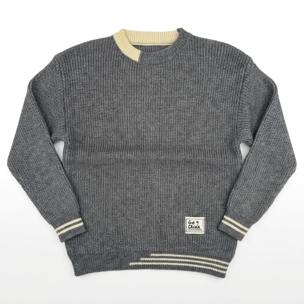 Grey textured crew-neck sweater with cream striped trims on white background