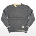 Grey textured crew-neck sweater with cream striped trims on white background