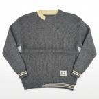 Grey textured crew-neck sweater with cream striped trims on white background