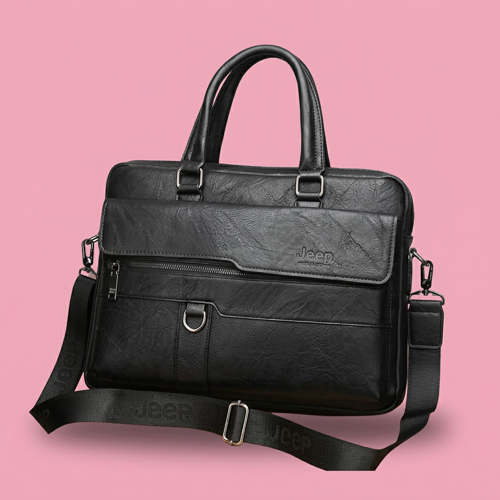 Black executive briefcase shoulder bag on soft pink background