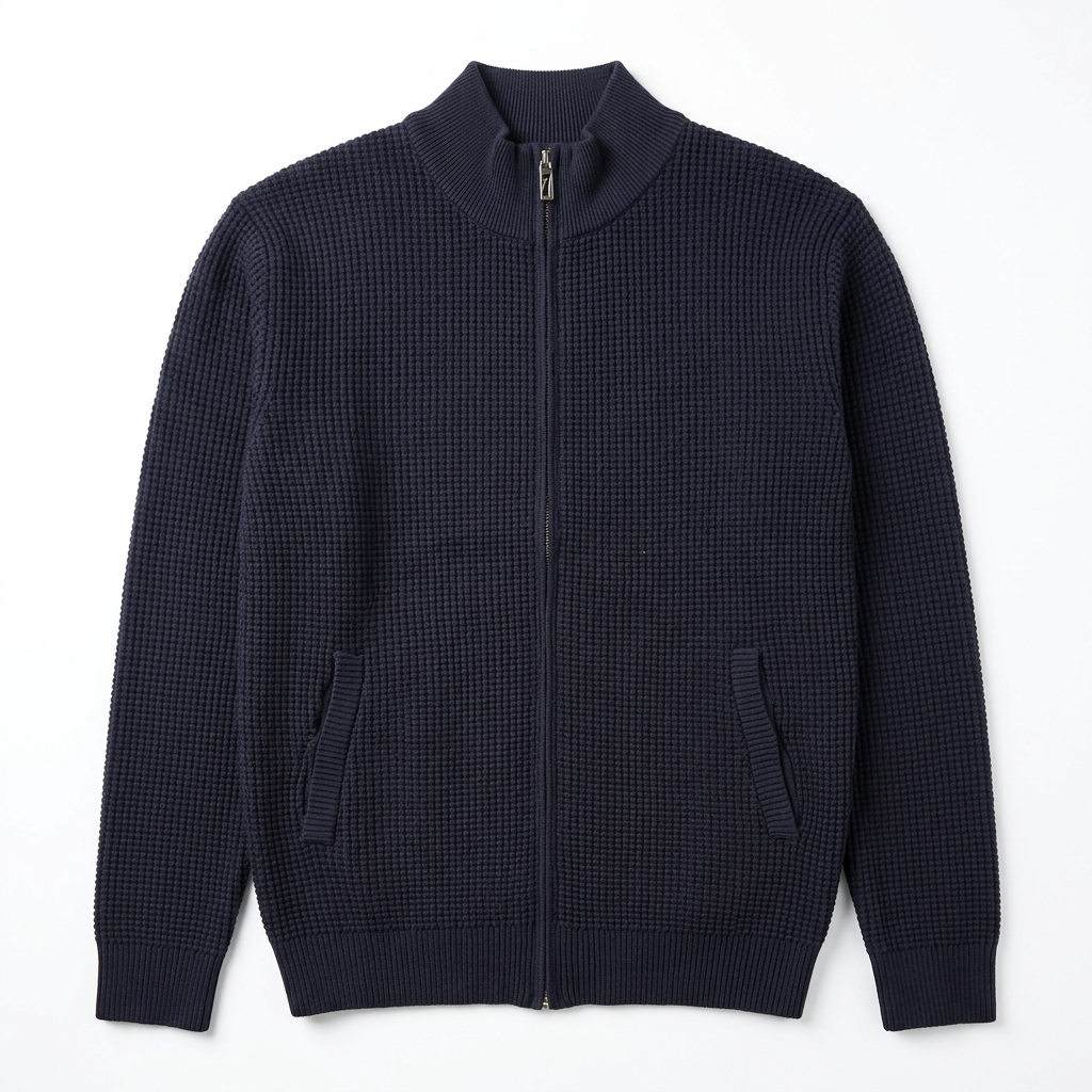Navy textured zip-up knit sweater on white background