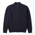 Navy textured zip-up knit sweater on white background