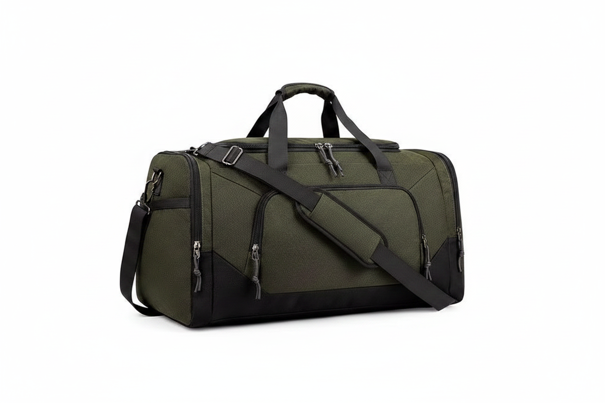 Army Green & Black Duffel Travel Bag - White Background