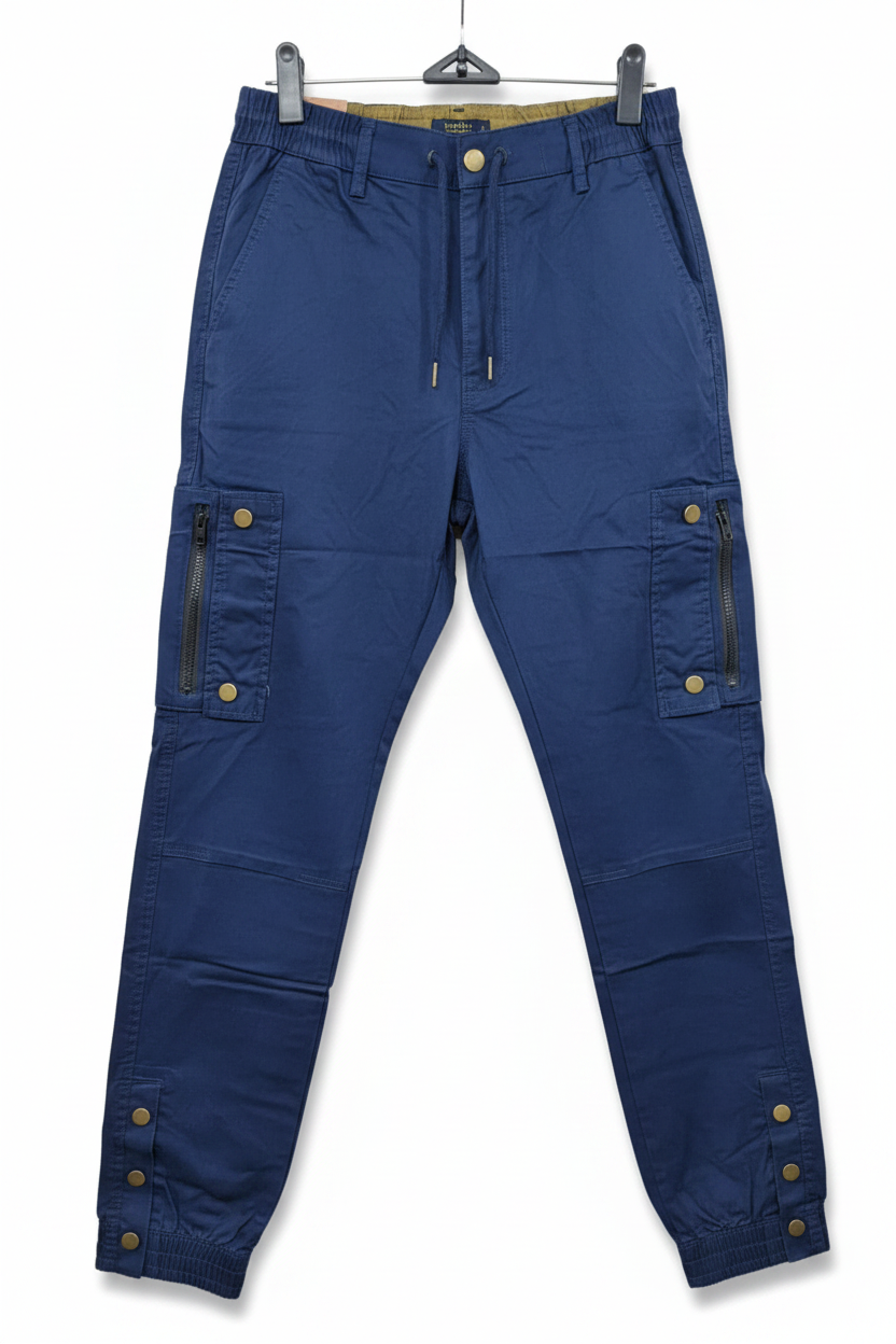 Men's navy blue cargo pants - white background studio shot